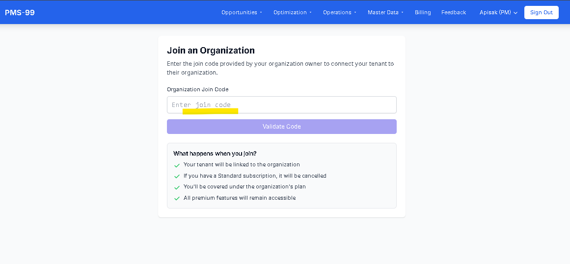 PM กรอกโค้ดเพื่อเข้าร่วมองค์กร